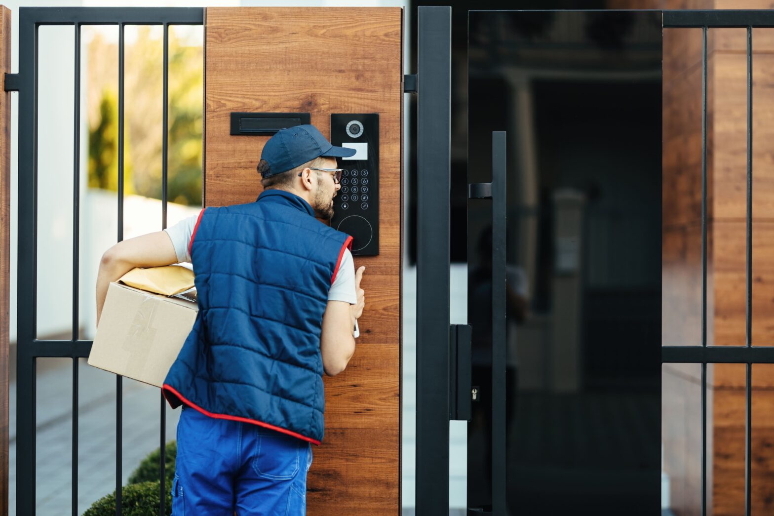 deliverer ringing intercom gate customers house while delivering packages